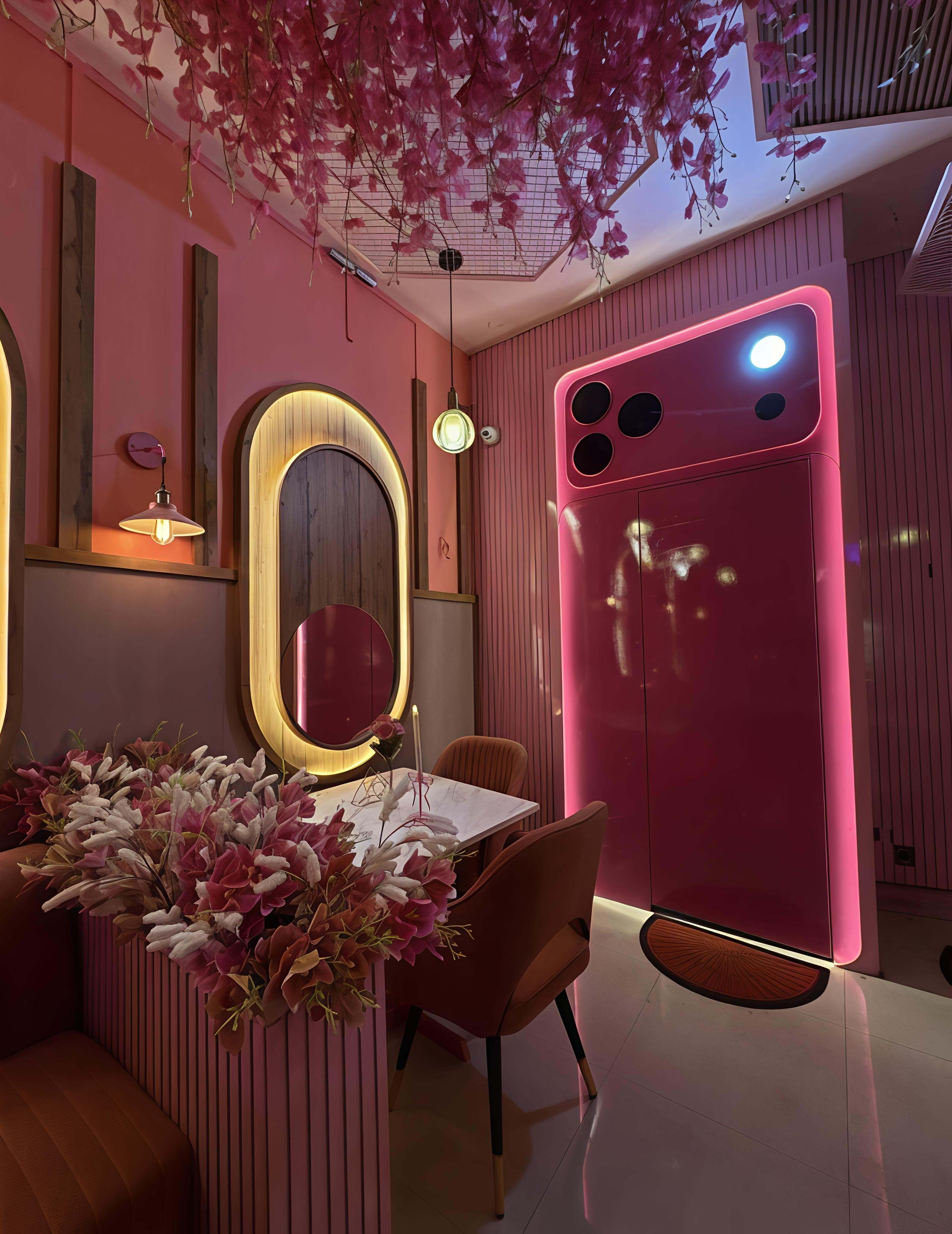 Blush corridor with gold-lit mirrors and the floral ceiling grid
