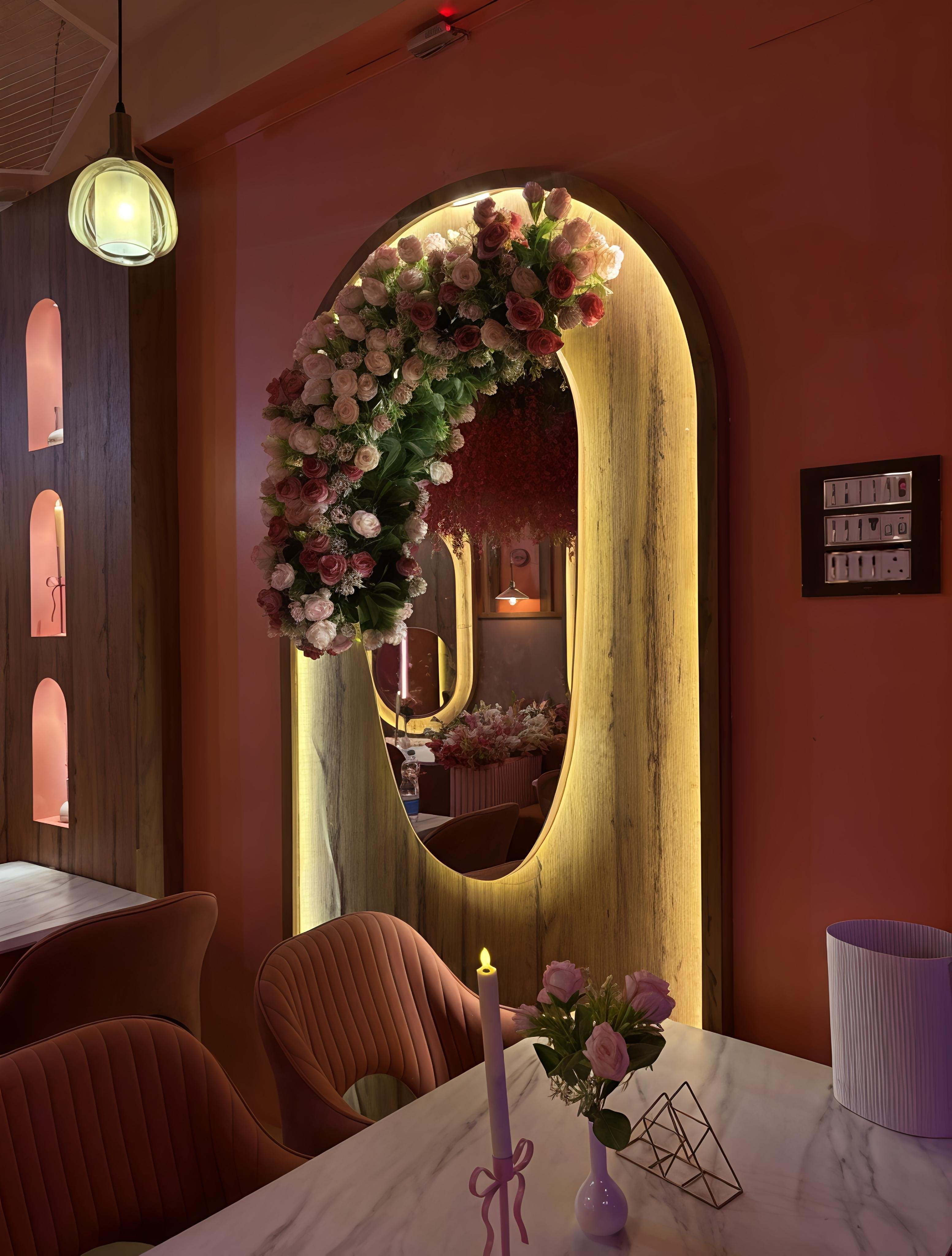 Aesthetic seating beneath hanging blossoms